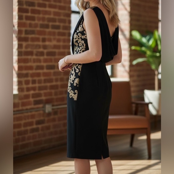 Tadashi Shoji Black Dress with Gold Embroidery - Picture 3 of 7